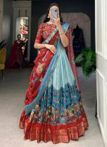 Dola Silk  Sky Blue Festival Wear Kalamkari Print Lehenga Choli